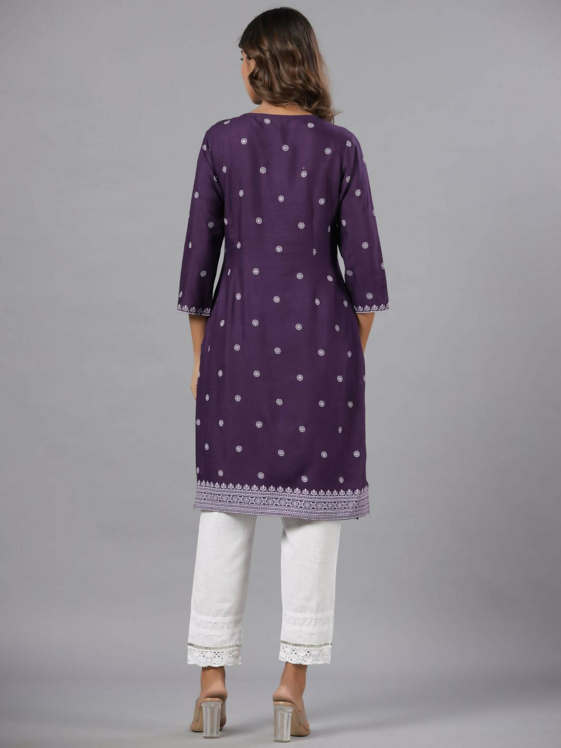 Juniper Women Purple Rayon Printed Knee Length Straight Kurta