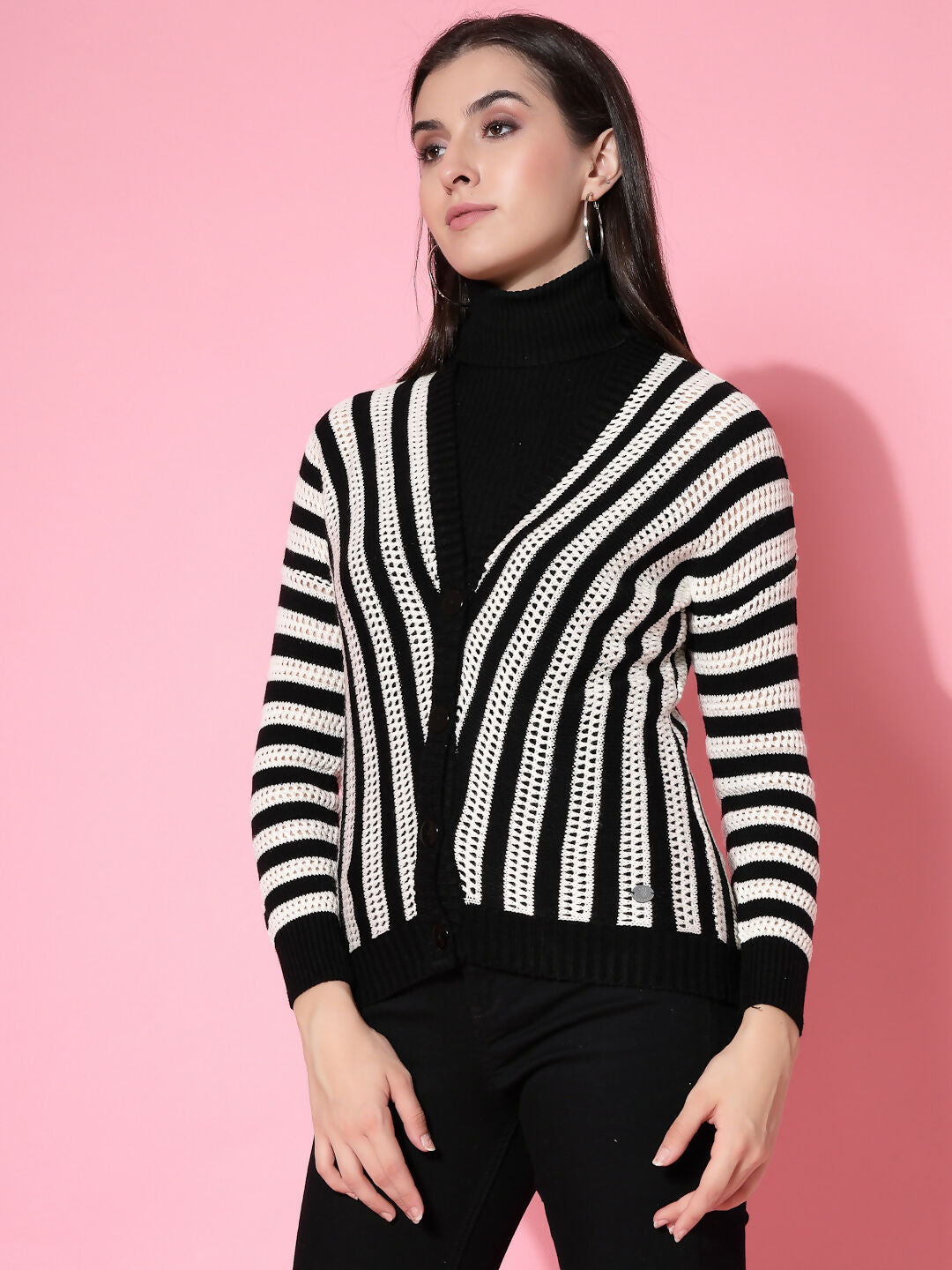 Women Black Acrylic Stripe Cardigan - Wool Trees