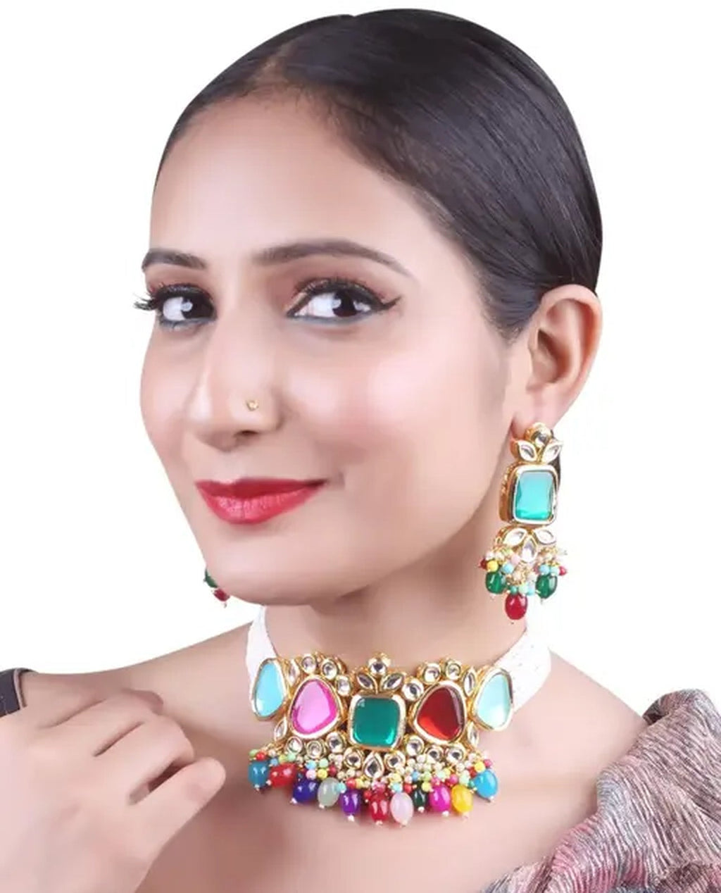 Jewel City Elegant Multi Gold Indian Kundan Choker Necklace and Earring Set
