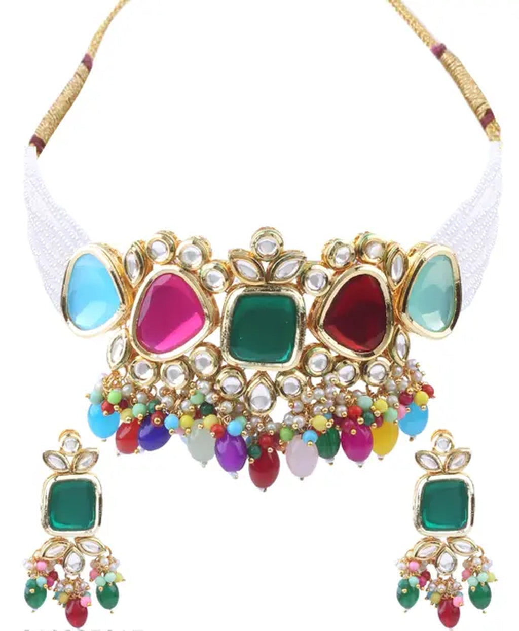 Jewel City Elegant Multi Gold Indian Kundan Choker Necklace and Earring Set