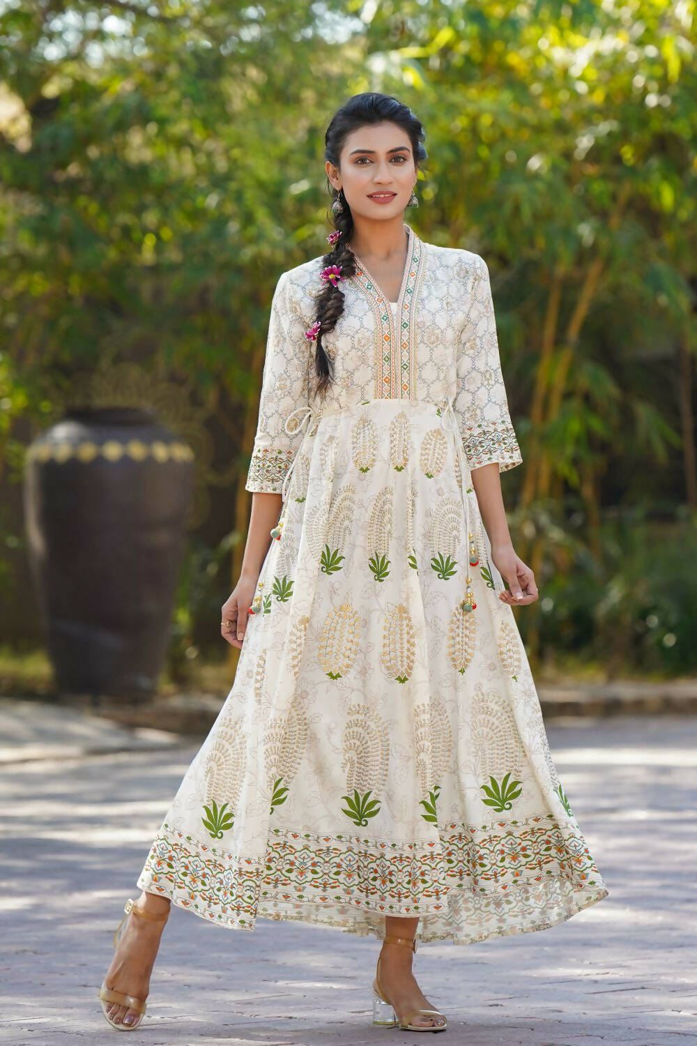 Juniper Womens Ivory Rayon Foil Printed Circular Maxi Dress With Mirror Embroidery