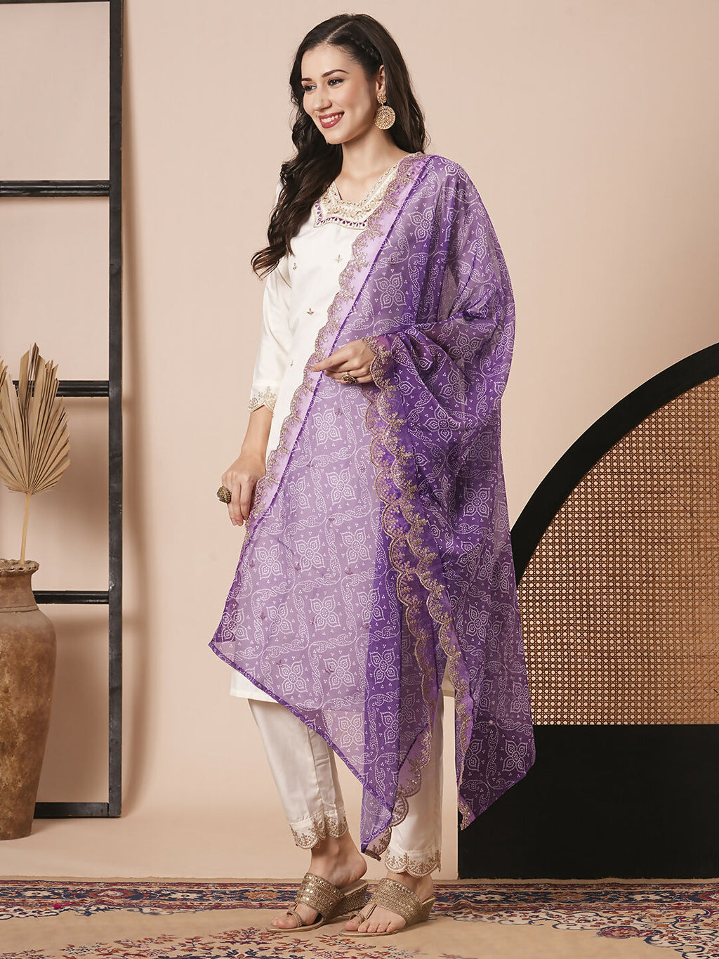 Off White Roman Silk Embroidery Work, Printed Kurta Set - Riya