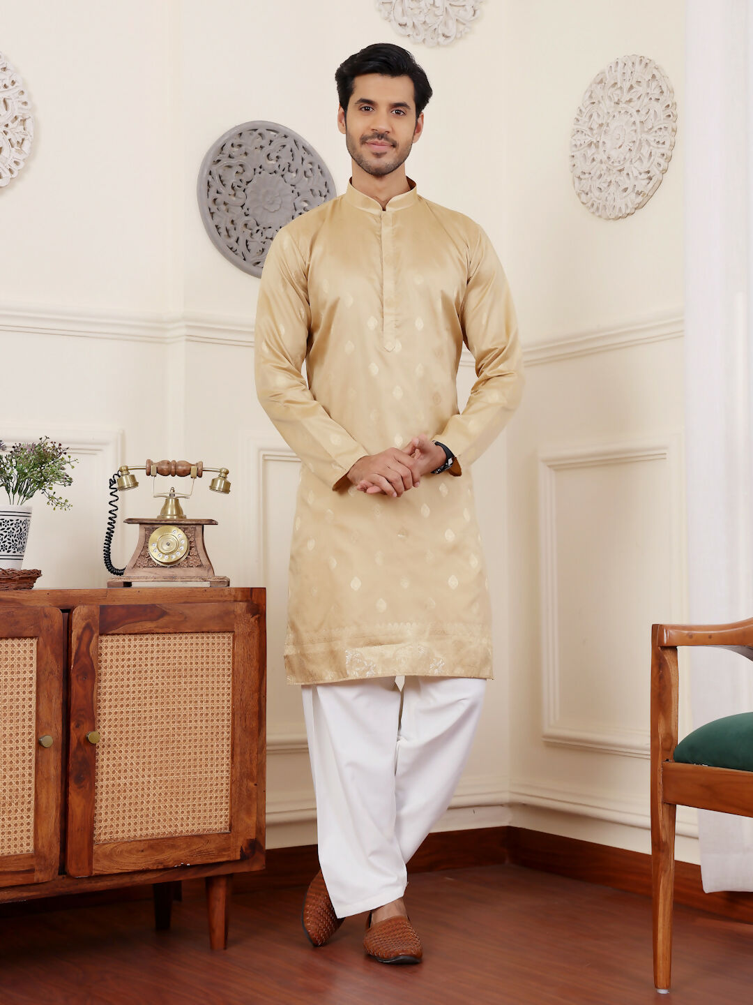 Beige Viscose Woven Jacquard Work Men's Rajwadi Kurta Set - Mahotsav