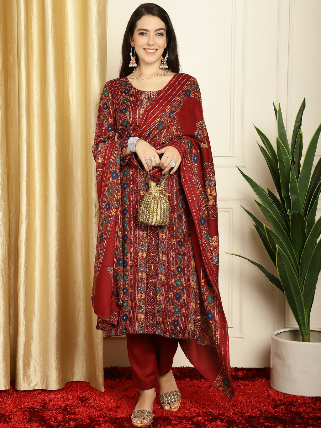 Jyoti Fashion Women's Maroon Pashmina Floral Digital Printed Kurta with Trouser & Dupatta
