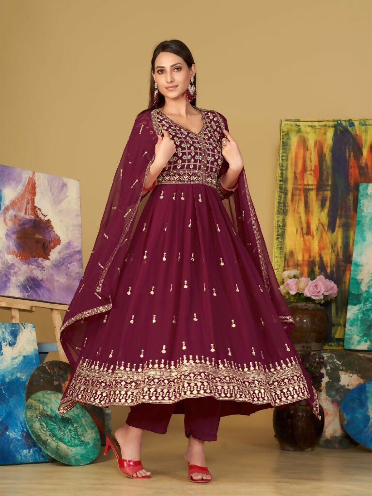 Jyoti Fashion Women's Rani Pink Georgette Embroidered Anarkali Kurta Pant Set With Dupatta