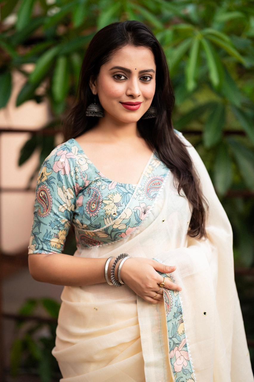 Blue Pure Linen Ethnic Motifs Saree with Unstitched Blouse - Hiral Fashion