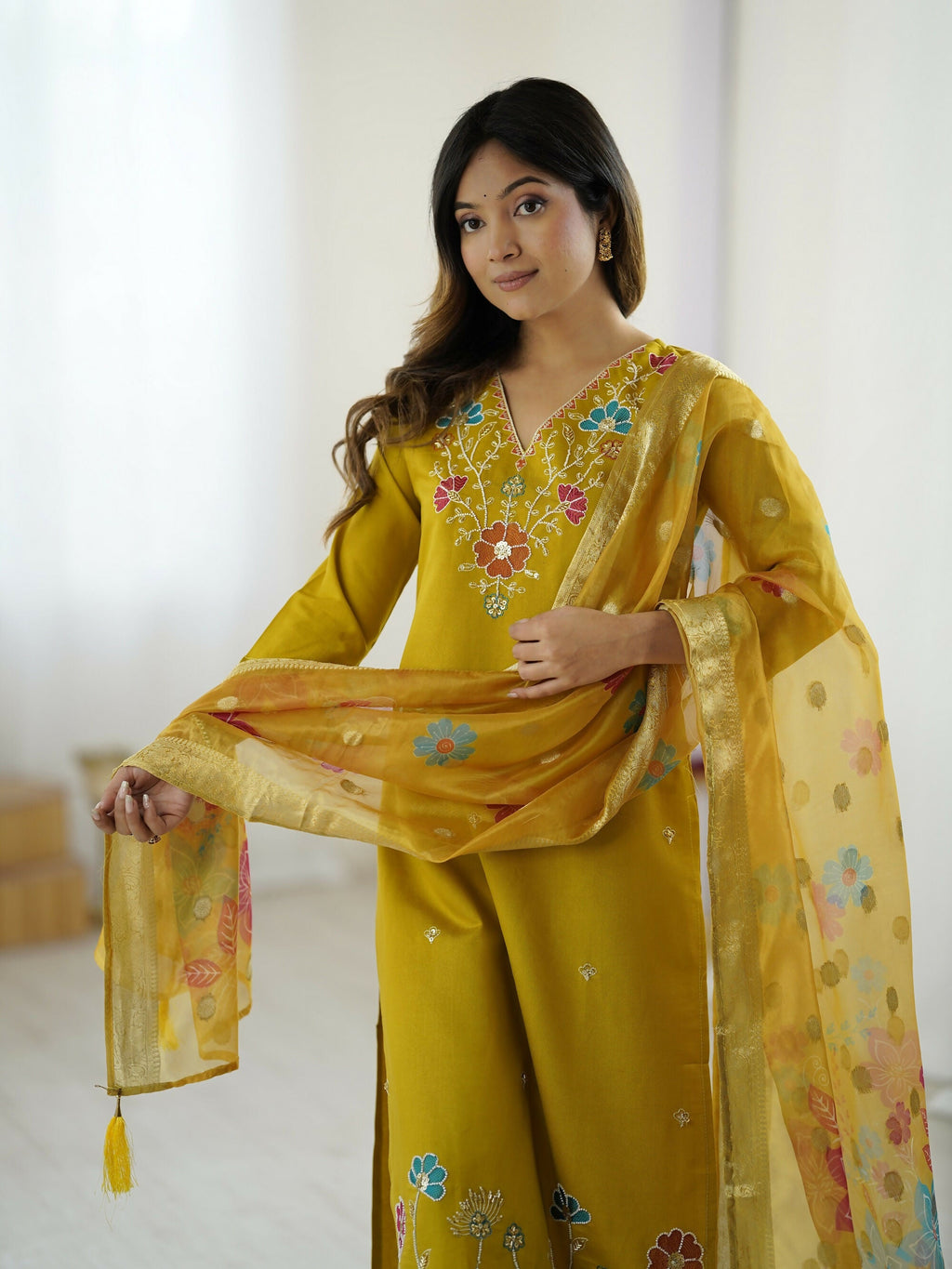 The52 Yellow Women's Gorgeous Embroidered work Viscose Gadhwal Fabric Straight Kurta, Pant and Dupatta Set