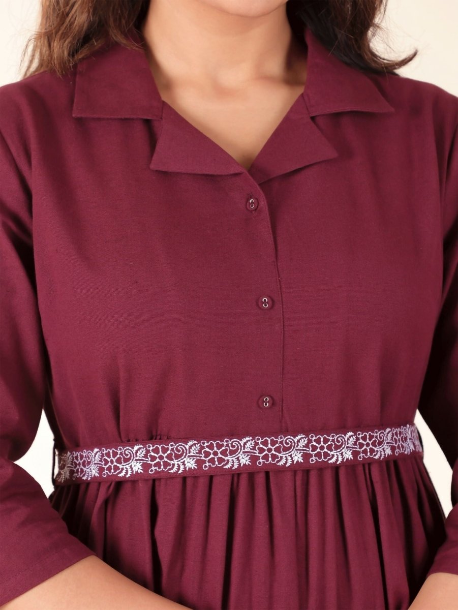 Aramya Maroon Linen Cotton Solid A-line Kurta for Women