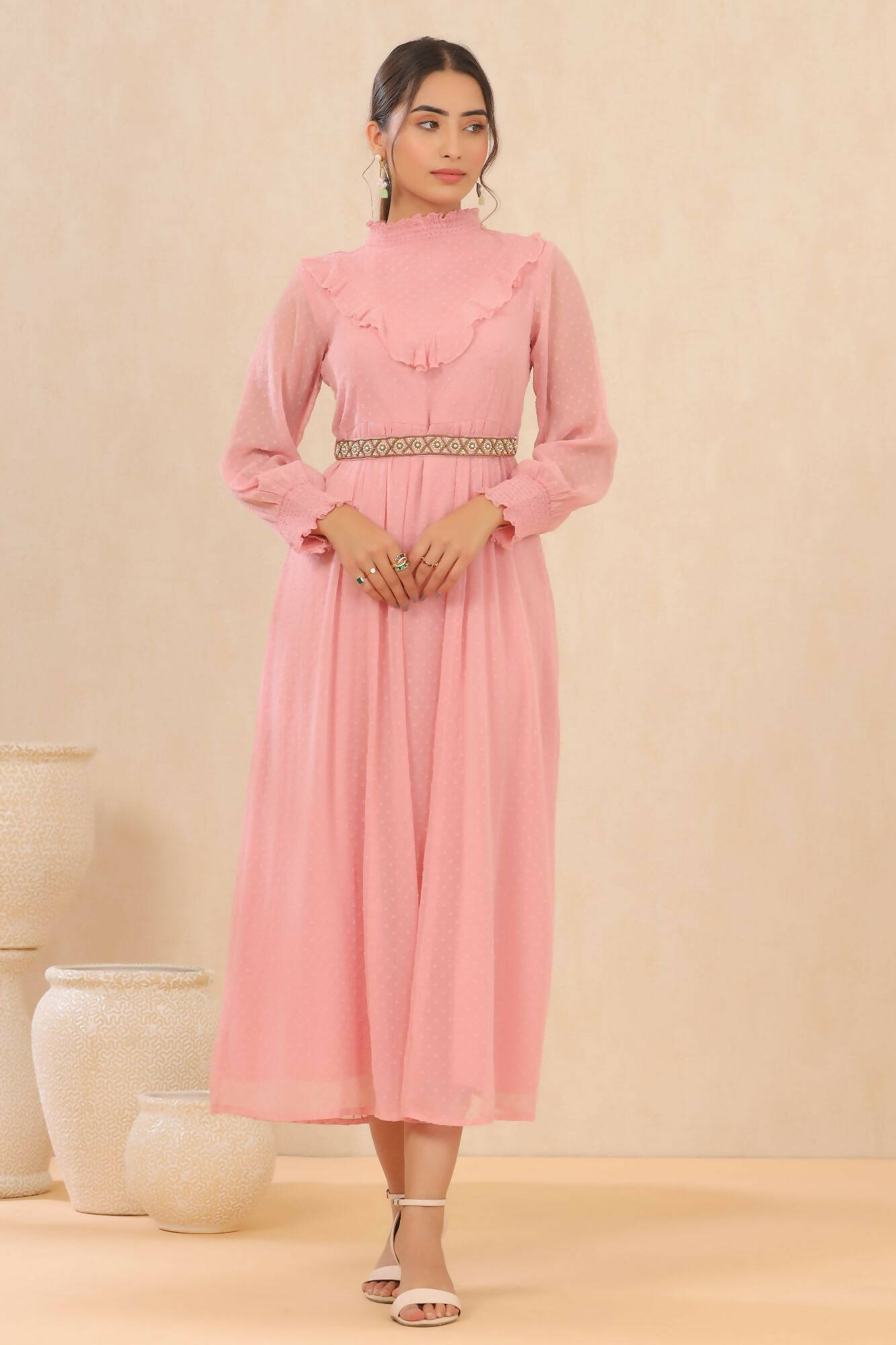 Juniper Women Pink Chiffon Woven Design Flared Dress