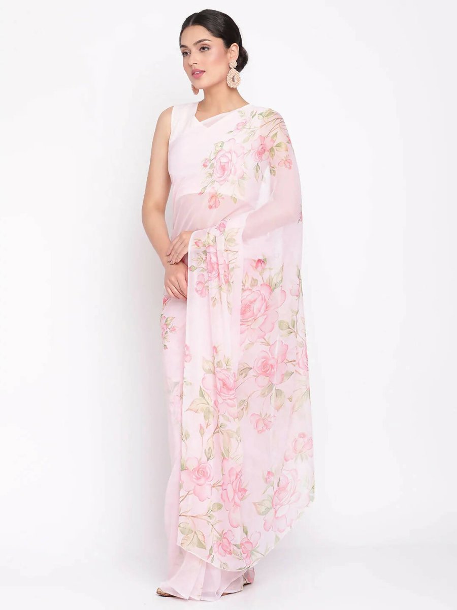 Ahalyaa Women's Baby Pink Digital Print Chiffon Saree