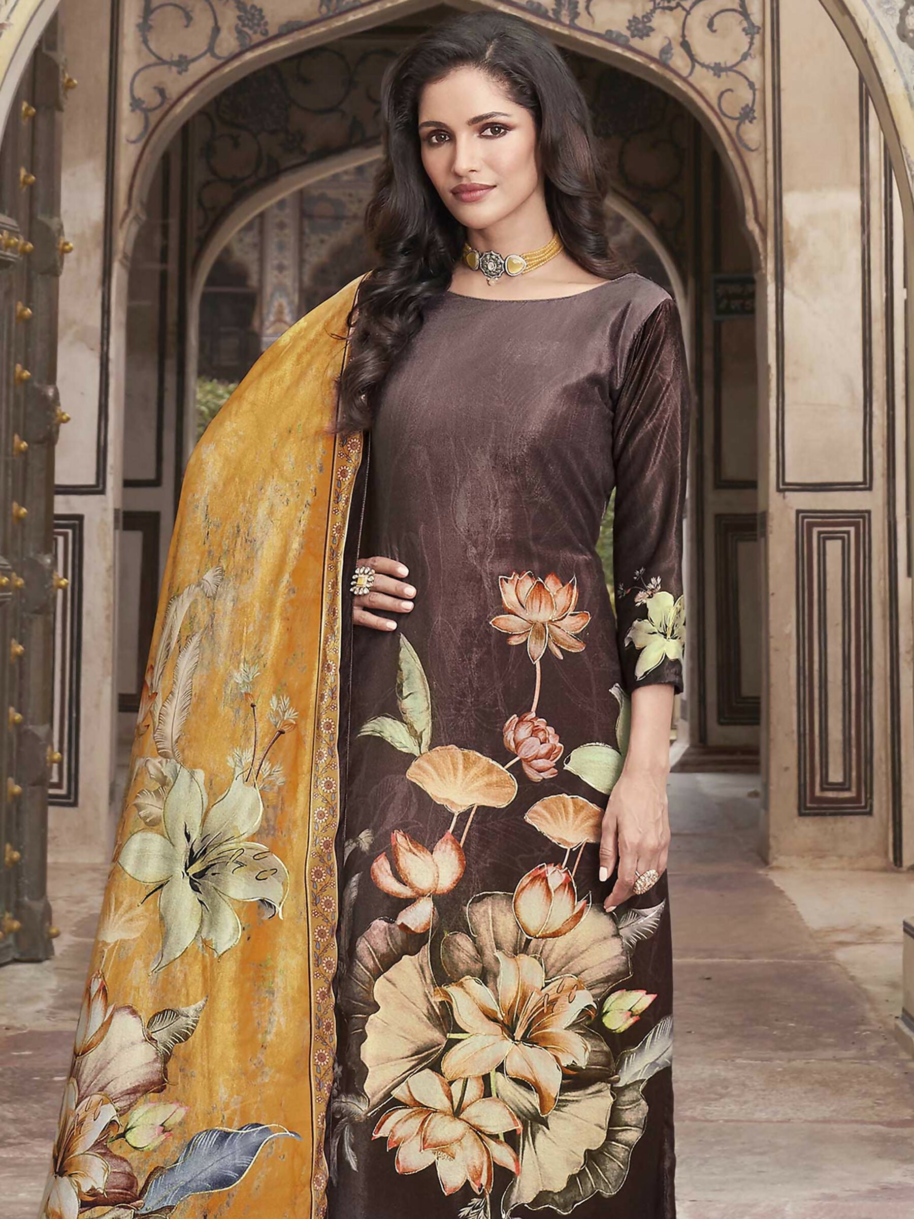Jyoti Fashion Women's Brown Velvet Floral Digital Printed Kurta with Trouser & Dupatta