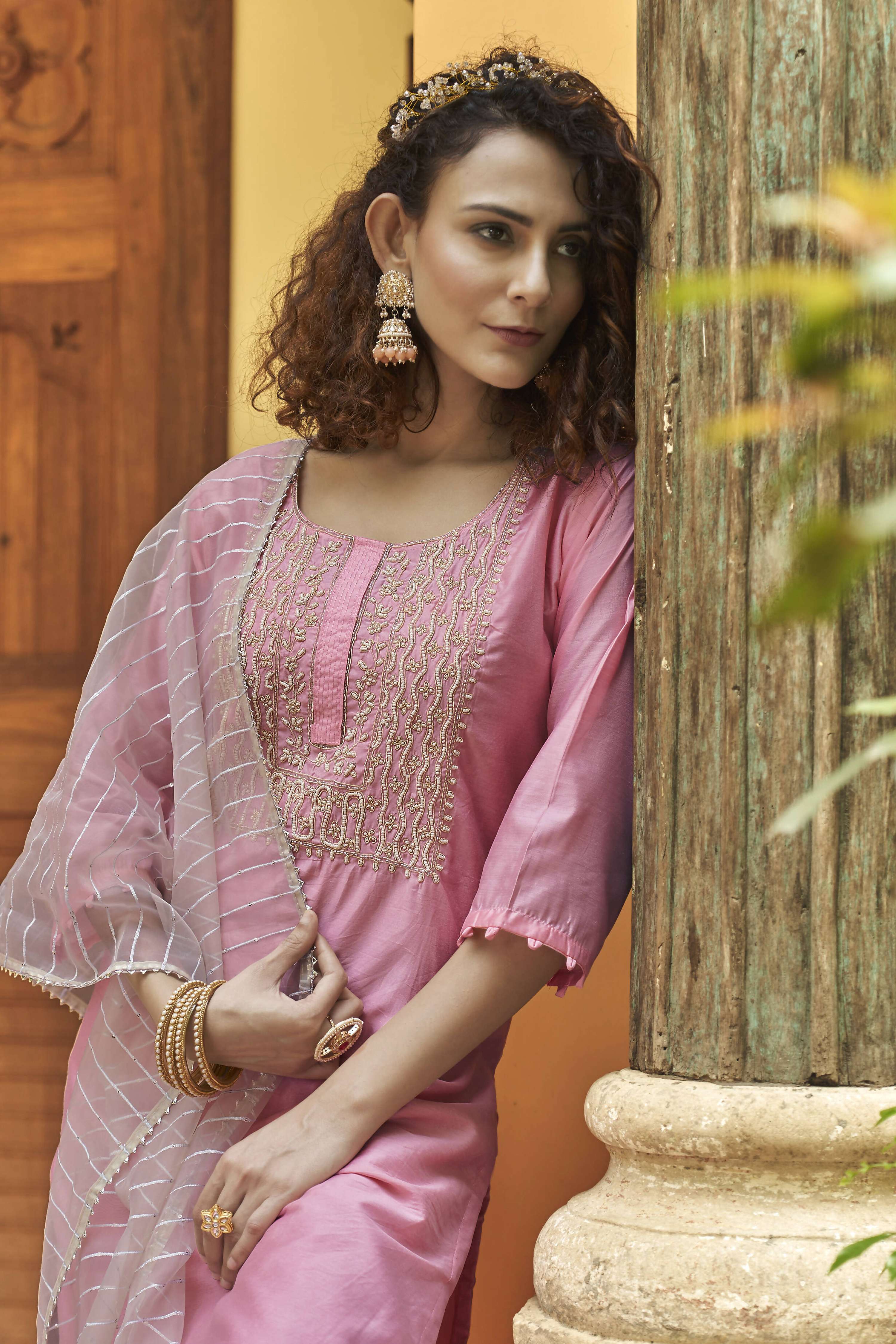 Pink Chinon Embroidered Kurta and Bottom with Dupatta - Akashara