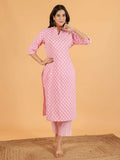 Aramya Pink Soft Cotton Floral Print Straight Kurta Pant Set for Women