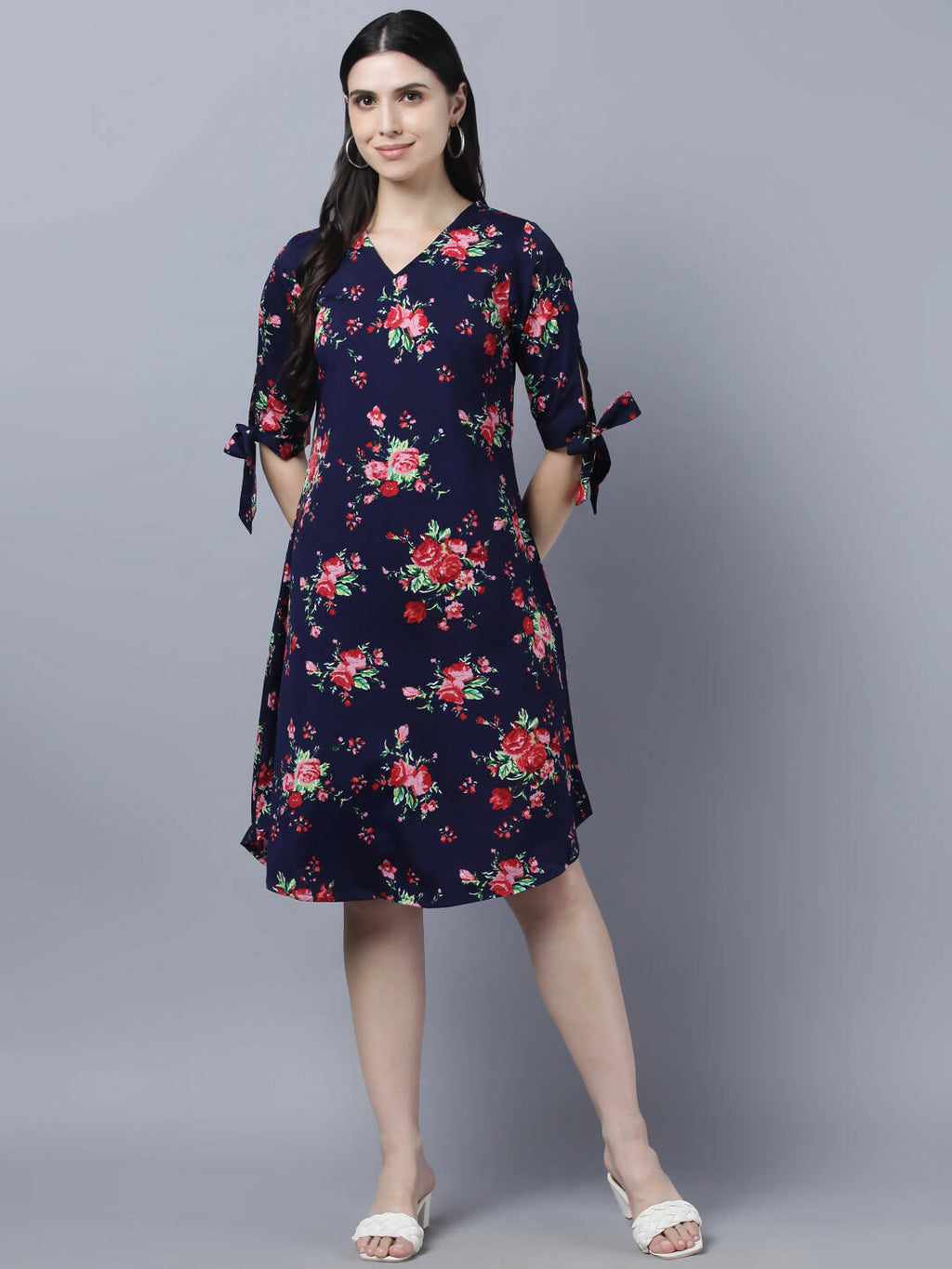 Myshka Women Navy Blue Pink Floral Print A-line Dress