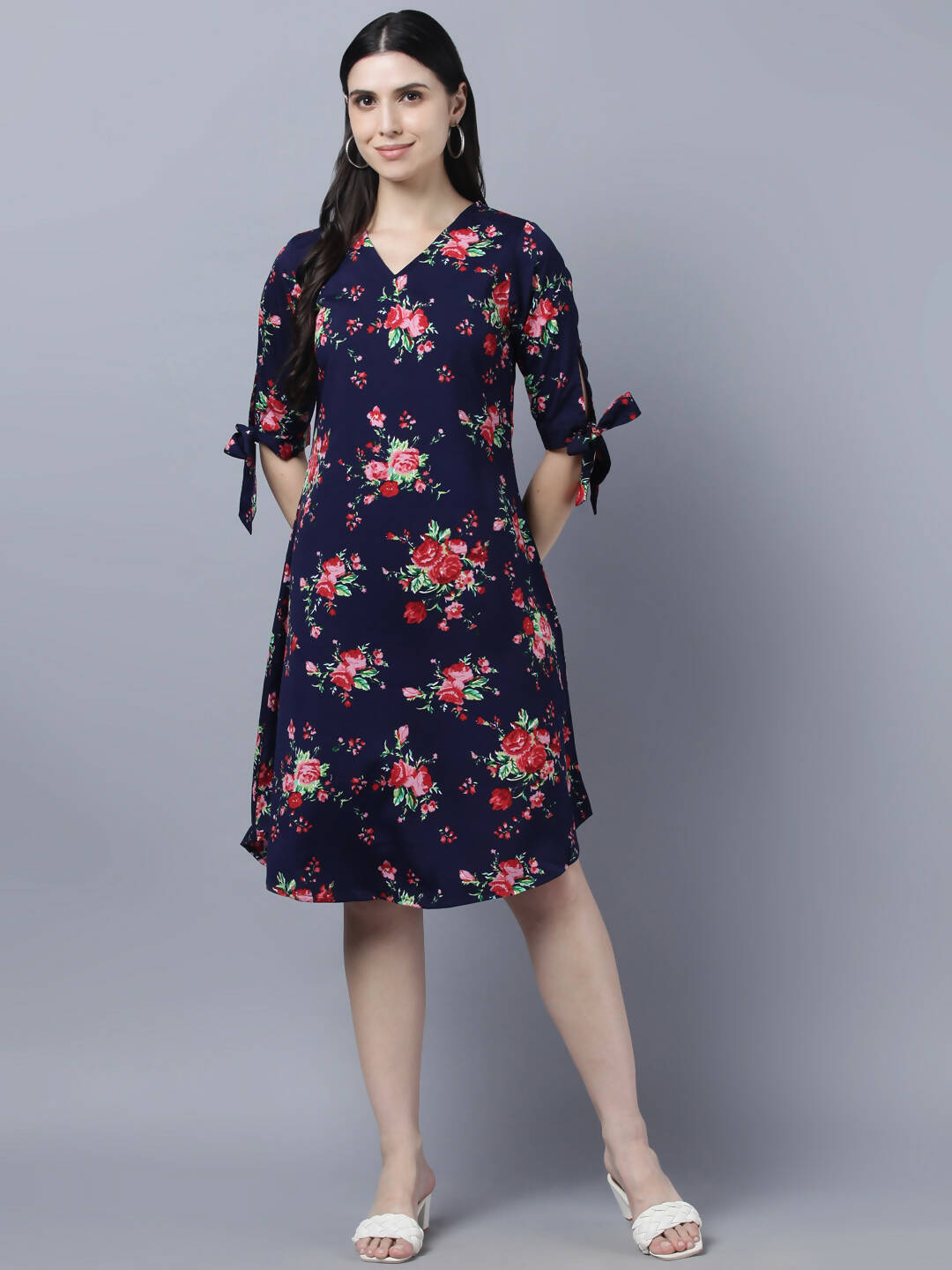 Myshka Women Navy Blue Pink Floral Print A-line Dress