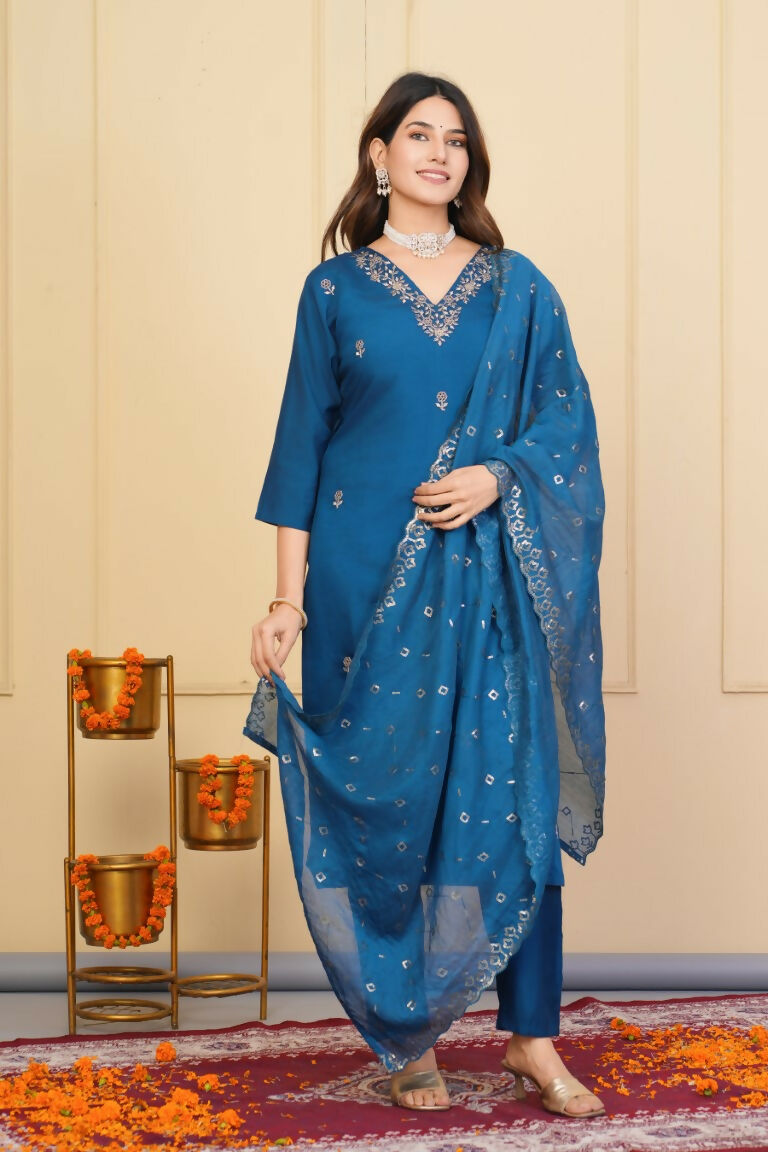 Rama Viscose Chanderi Embroidered Stitched Suit With Dupatta - Tanisha