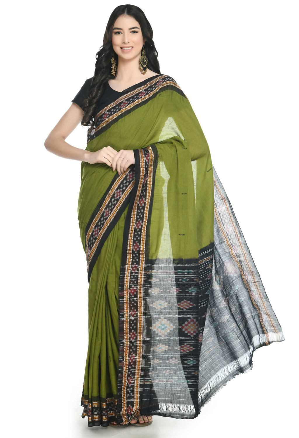 Vamika Sambalpuri Ikat Cotton Rekhabala Buti Green & Black Saree