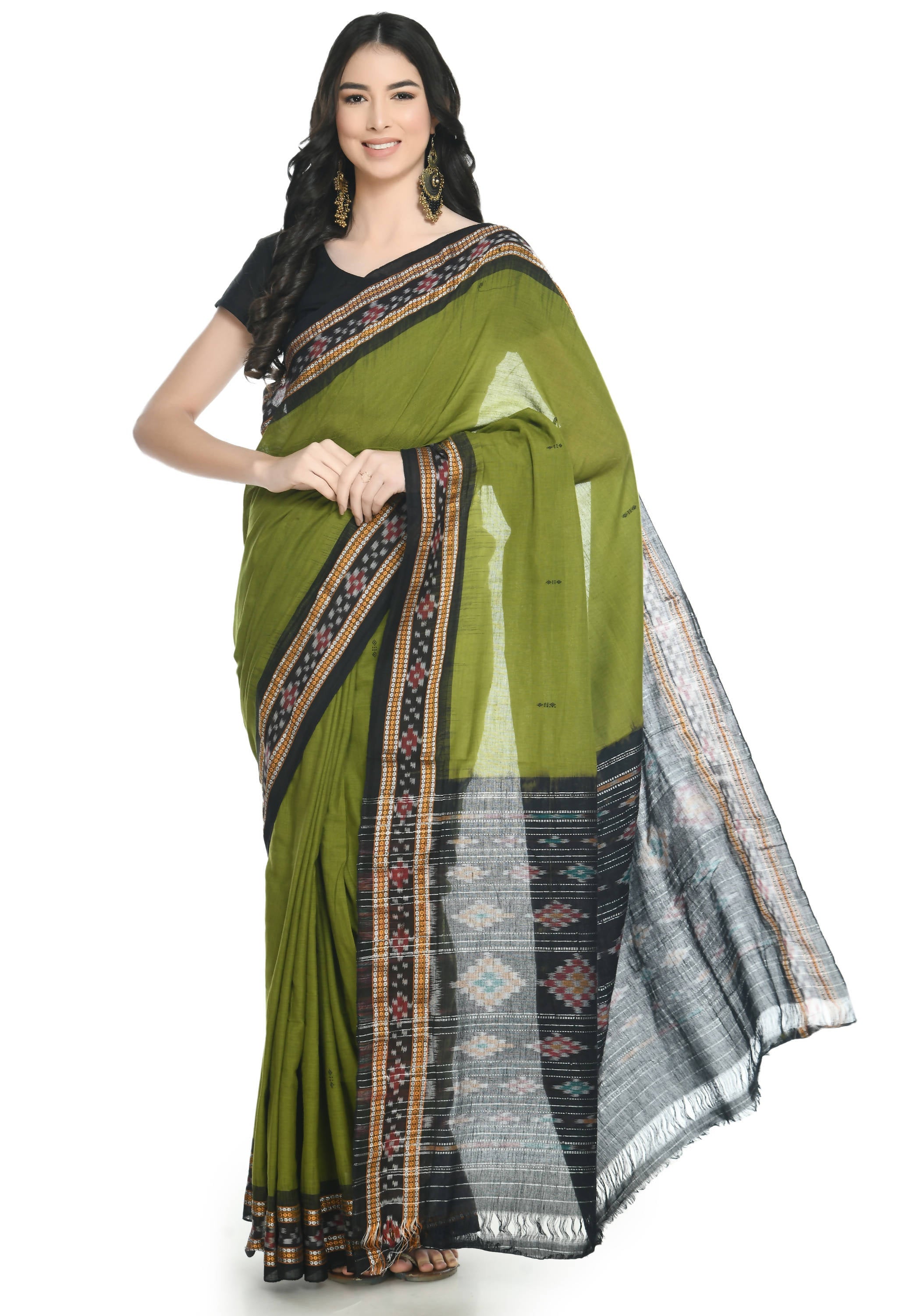 Vamika Sambalpuri Ikat Cotton Rekhabala Buti Green & Black Saree