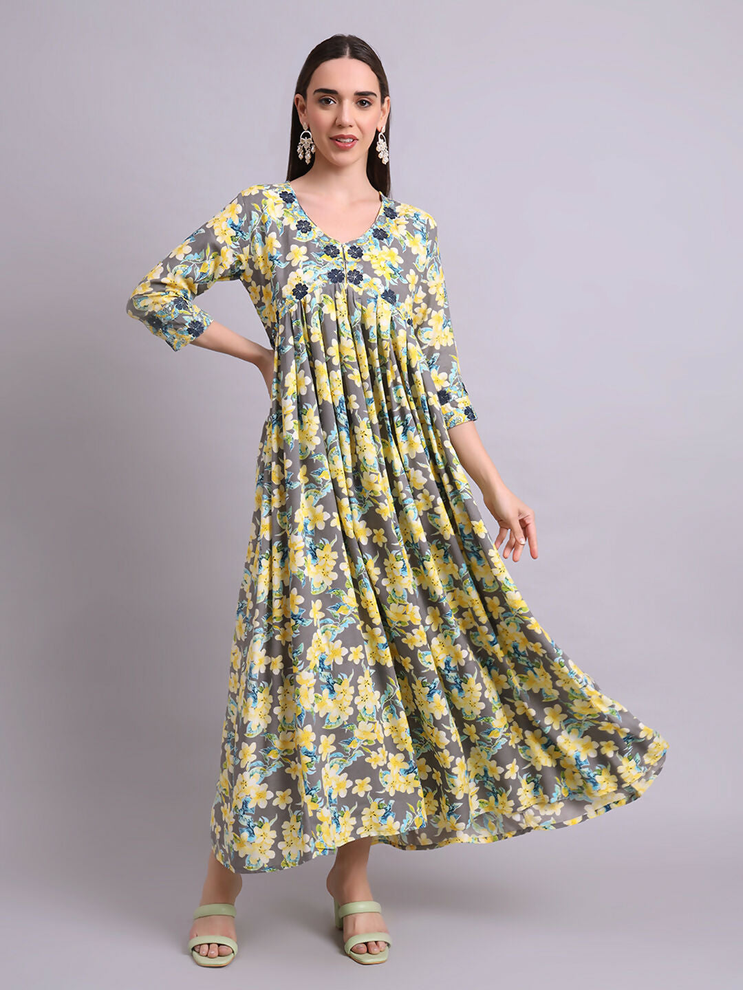 Joban Fashion Yellow Cotton Floral Printed & Embroidery Work Anarkali Dress With Dupatta Set