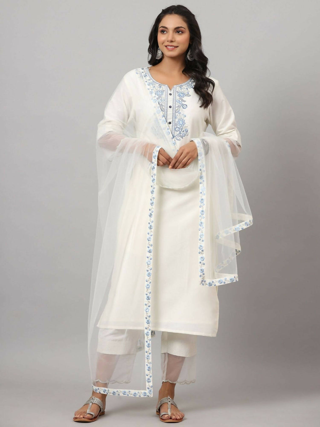 Juniper Women's White Chinnon Solid Embroidered Kurta Set