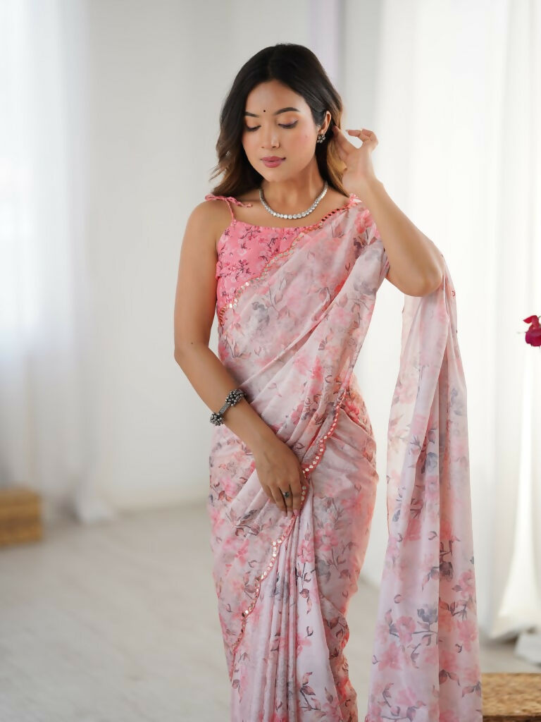 Pink Chinon Designer Digital Printed,Mirror Cut Work Saree - Elayna