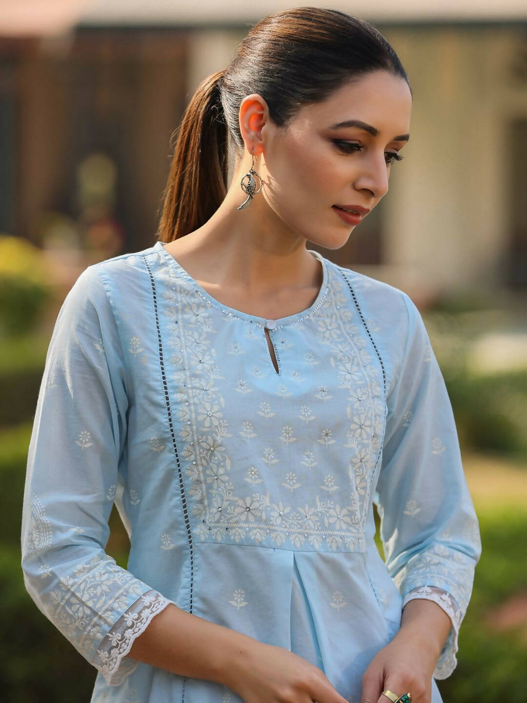 Juniper Women's Powderblue Cambric Floral Printed Tunic