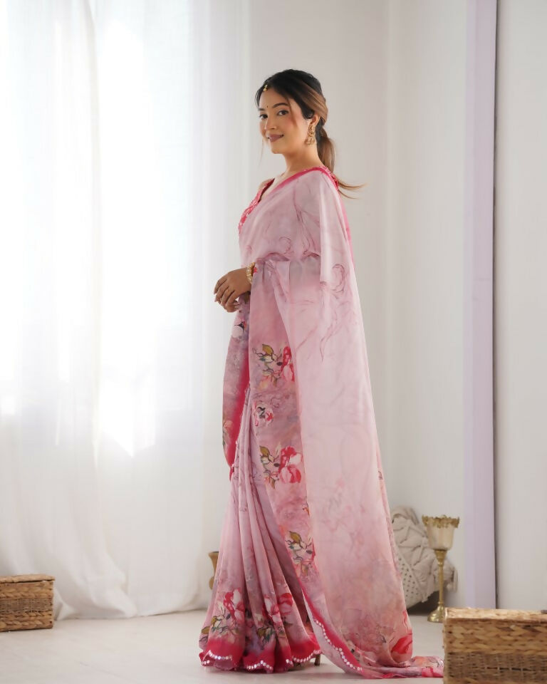 Pink Chinon Designer Digital Printed & Mirror Cut Work Saree - Kriti
