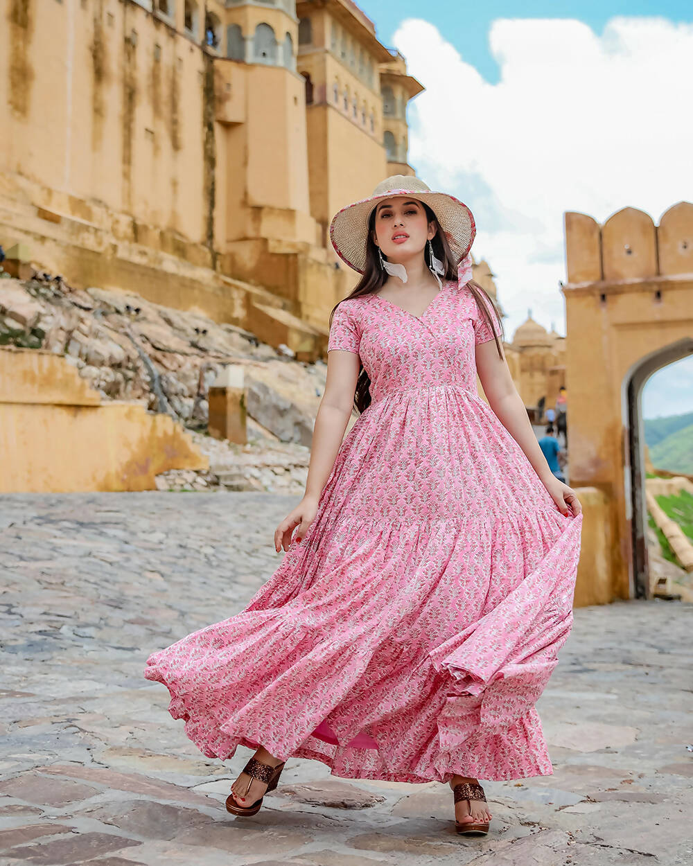 Designer Partywear Printed Pink Pure Maslin Gown - Anbazaar