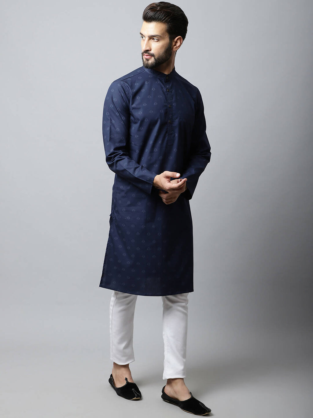 Even Apparels Navy blue Color Pure Cotton Men's Kurta With Band Collar (PRT1184-NVC)