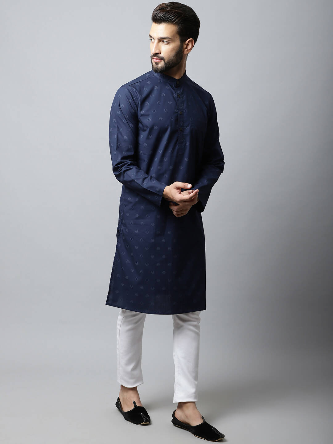 Even Apparels Navy blue Color Pure Cotton Men's Kurta With Band Collar (PRT1184-NVC)