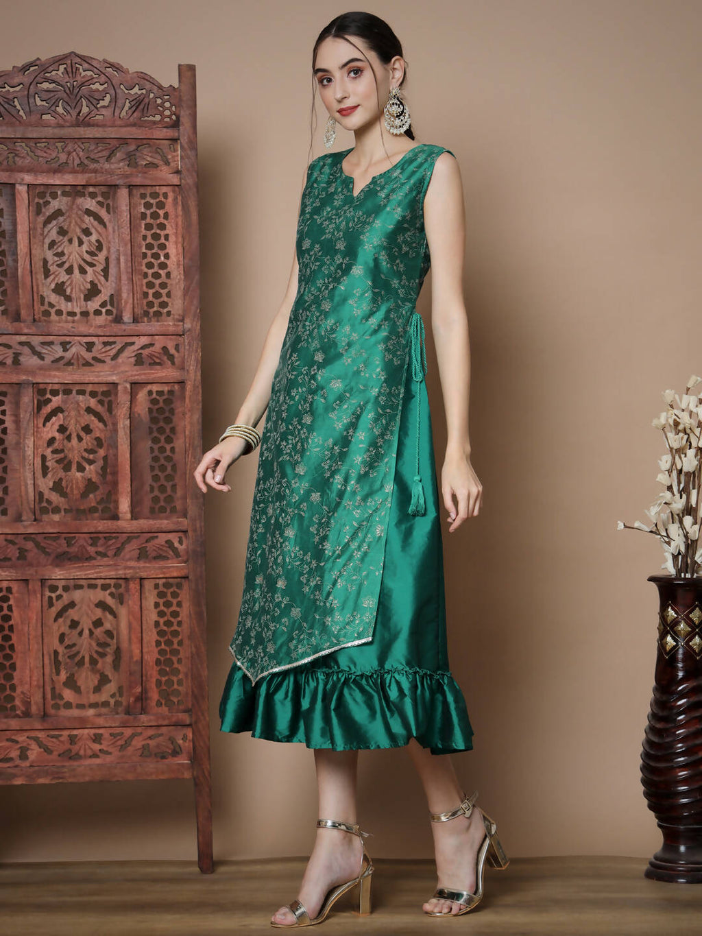 Myshka Women's Teal Floral Printed Gown Dress