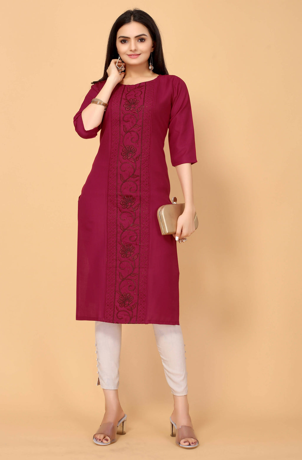 Maroon Cottan Slub Embroidery Kurti - Umi