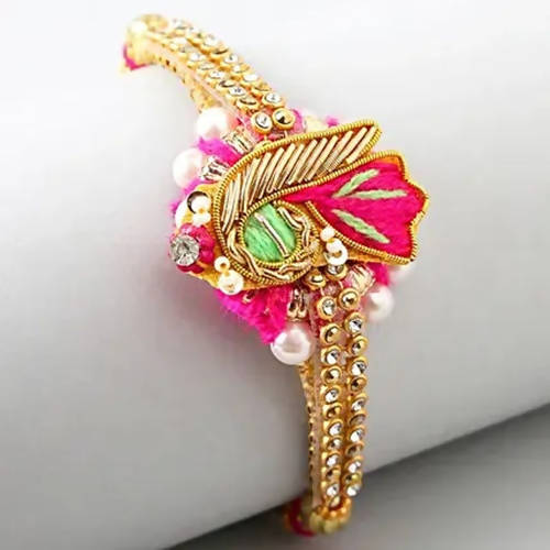 Delightful Pink Zardosi Rakhi & Fruit N Nut Chocolates