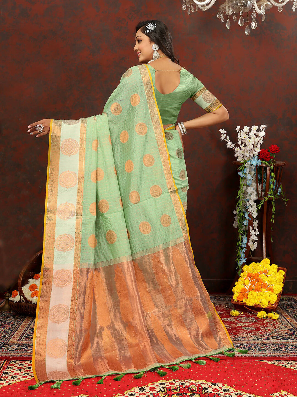 Lorenvalley Fashion Seagreen Cotton with Woven Design Zari Weaving Saree