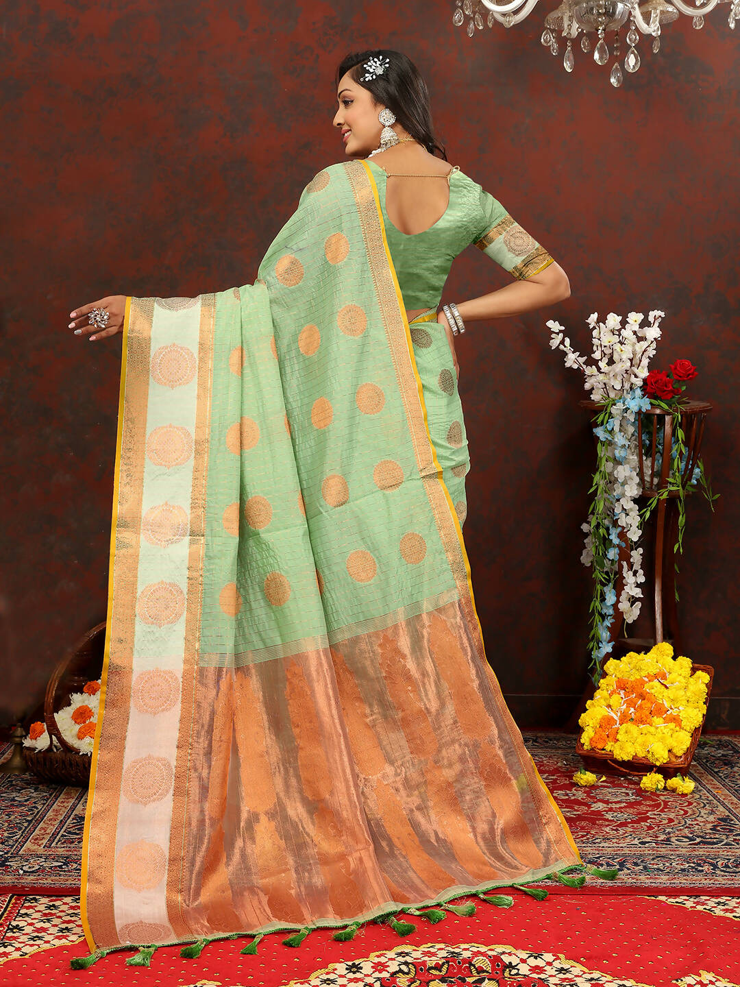 Lorenvalley Fashion Seagreen Cotton with Woven Design Zari Weaving Saree