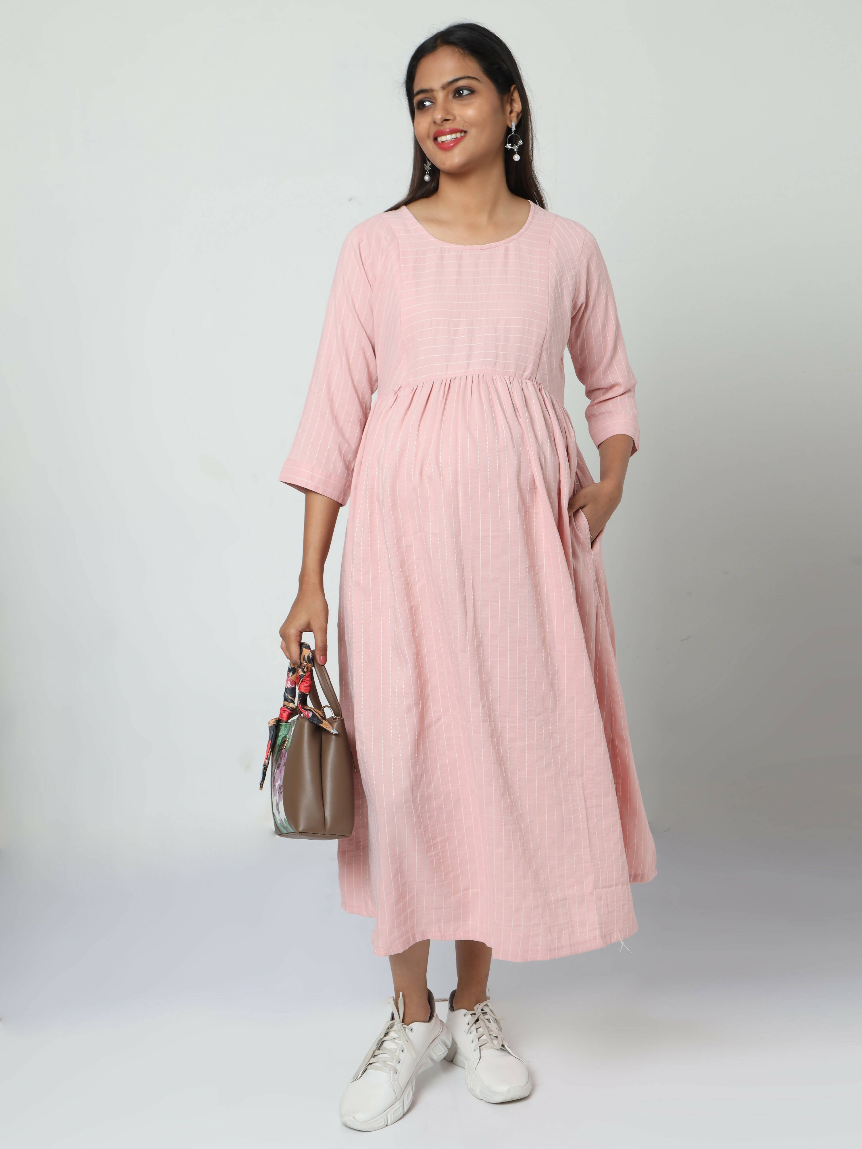 Manet Three Fourth Maternity Dress Striped With Concealed Zipper Nursing Access - Baby Pink