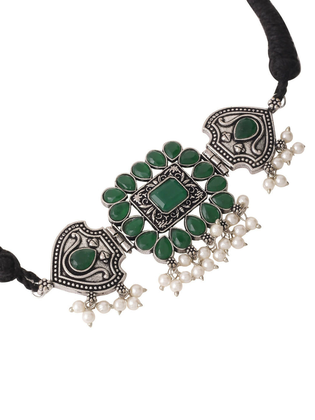 NVR Women's Oxidised Silver Plated Green Color Stone Jewellery Set With Earrings