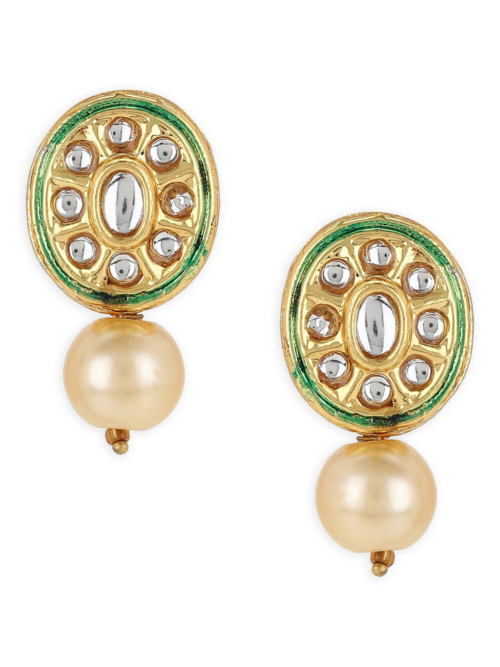 Gold-Toned White Kundan Oval-Shape Gold-Polished Studs Earrings - Ruby Raang