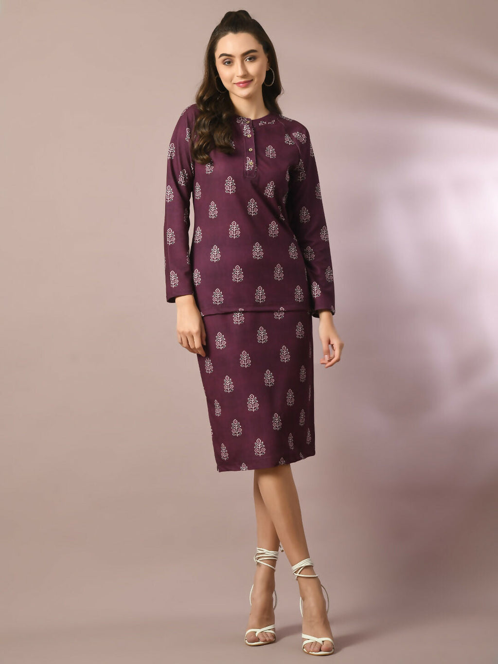 Myshka Women's Magenta Printed Round Neck Party Top With Skirt Co-ord set