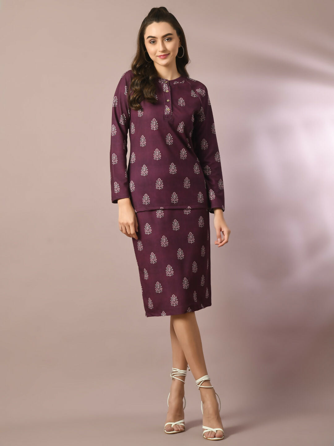 Myshka Women's Magenta Printed Round Neck Party Top With Skirt Co-ord set