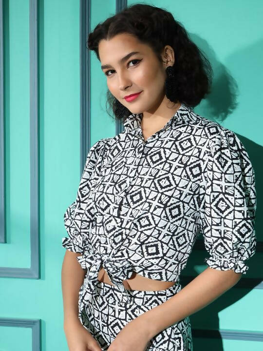 White Crepe Geometric Printed Top with Matching Skirt - Shivani