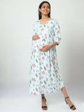 Manet Three Fourth Maternity Dress Floral Print With Concealed Zipper Nursing Access - Pista Green