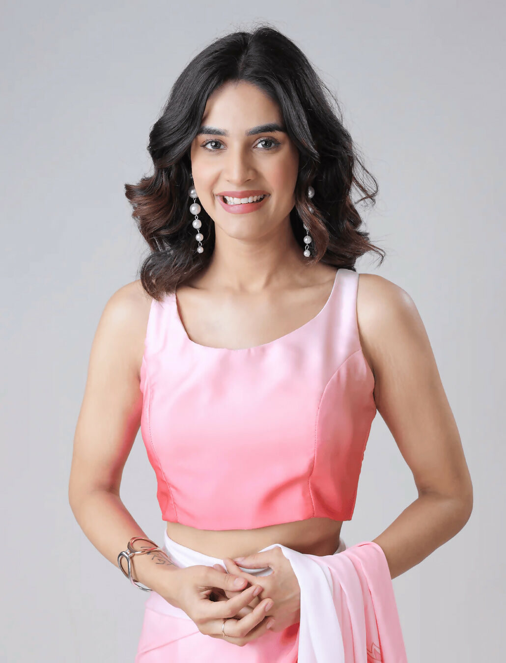 Vastranavya Blush Pink Freehand Floral Print Ready to Wear Saree