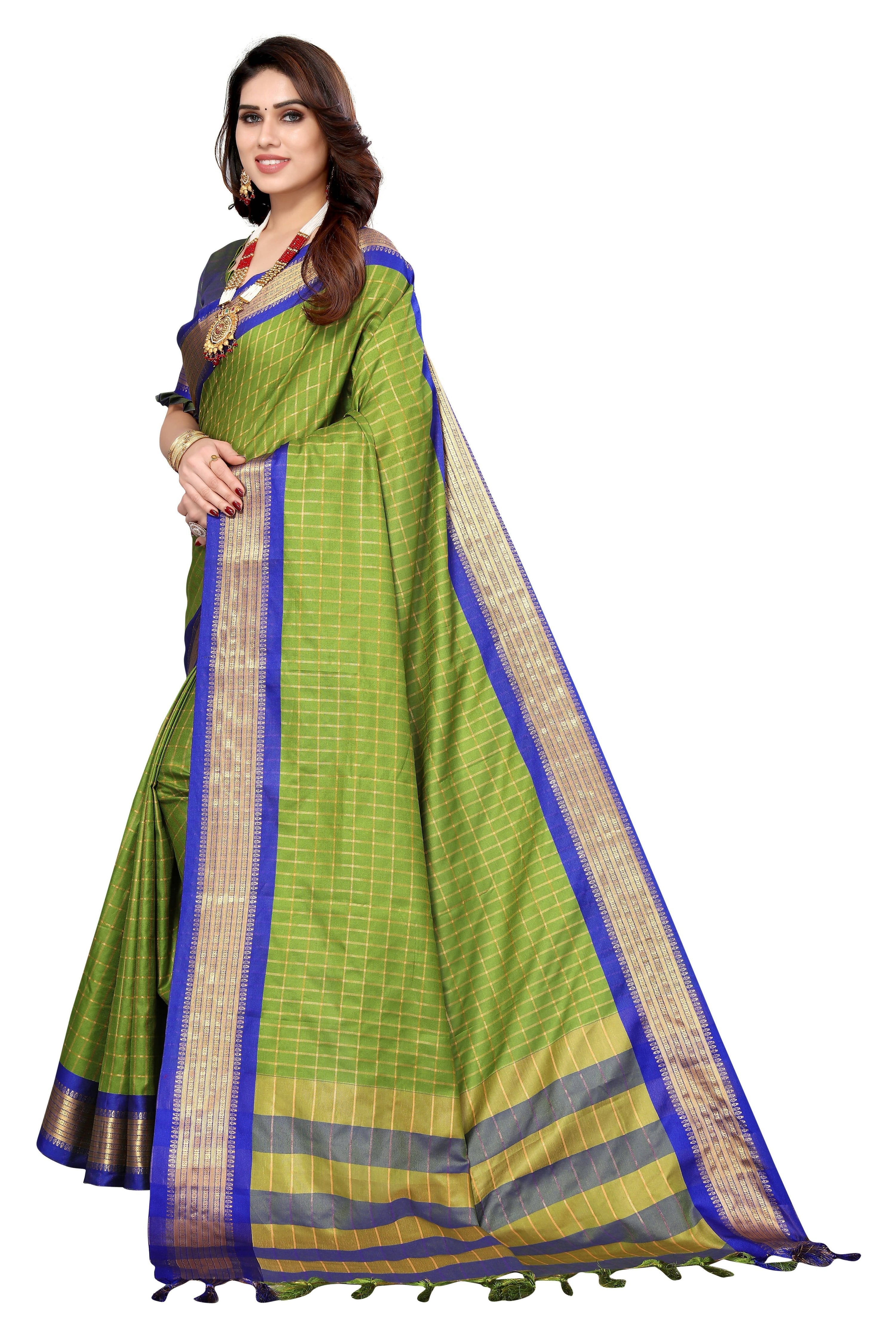 Vamika Weaving Parrot Green Cotton Silk Saree