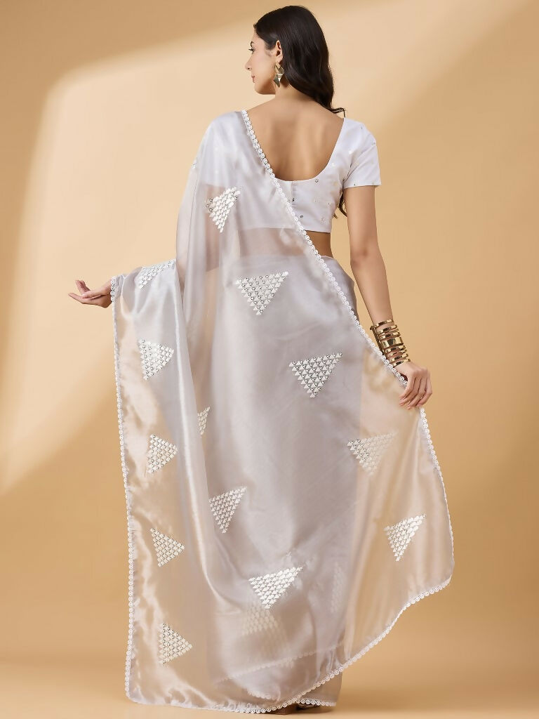 Grey Tissue Slub Embroidered Saree with Unstitched Blouse - Vairagi