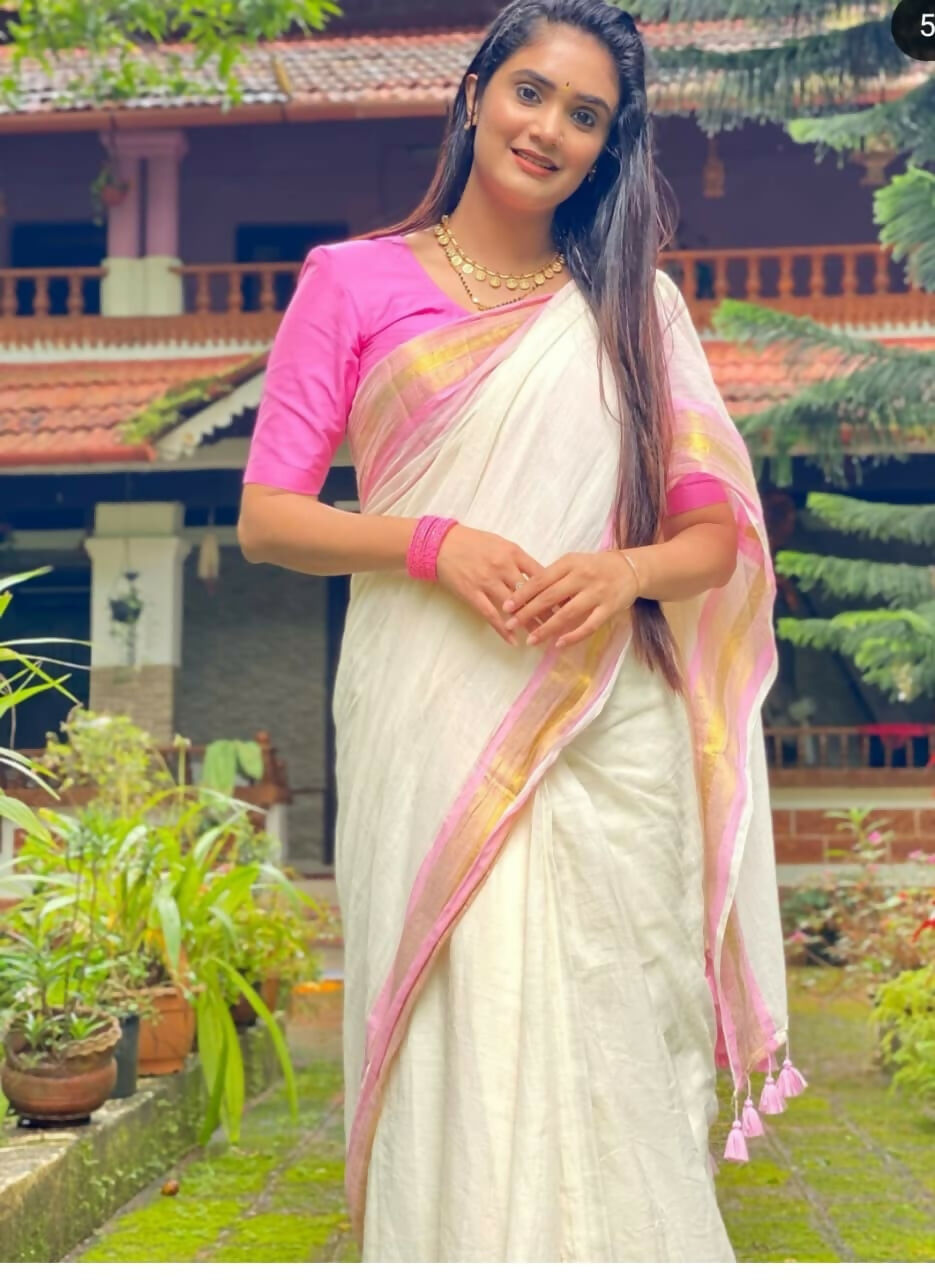 Exclusive Collection Beautiful White Pink Pure Cotton Hand Weaving Handloom Saree With Running Blouse Piece