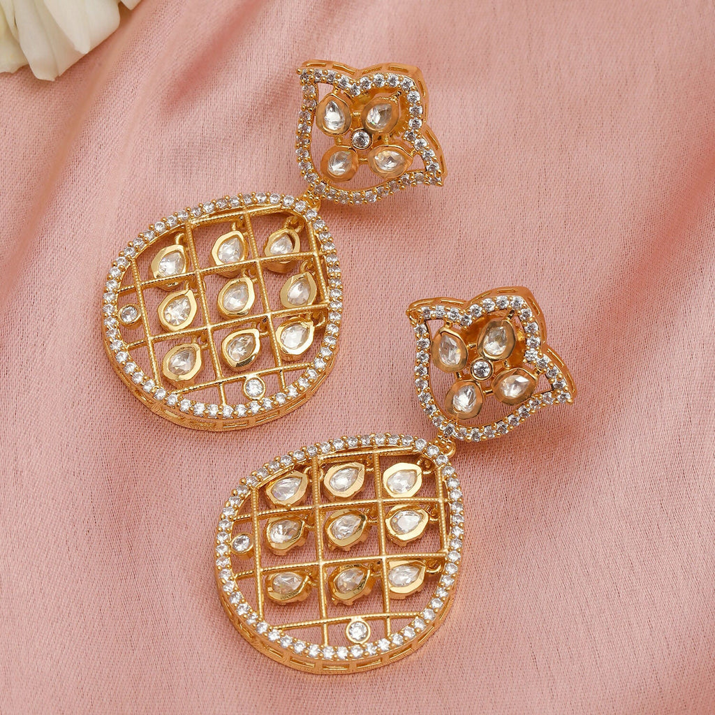Jhallar Kundan and Diamond Dangler Earrings (Gold) - Ruby Raang