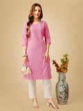 Jyoti Fashion Women's Pink Cotton Blend Embroidered Kurta Pant Set