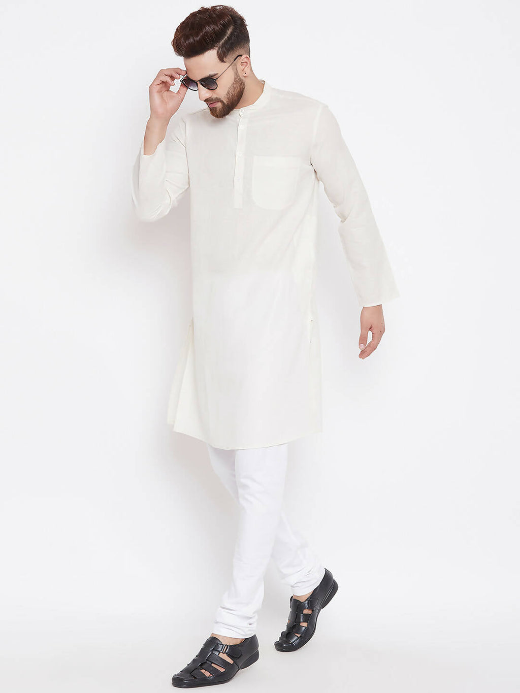 Even Apparels Cream Linen Men's Kurta With Band Collar