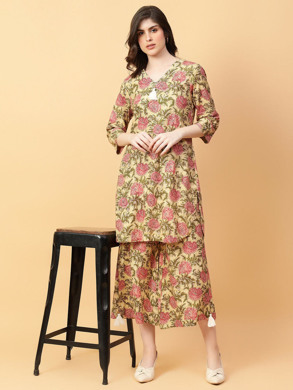 Joban Fashion Beige Cotton Printed & Hand Work Co-ord Set